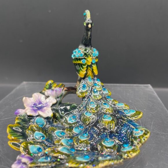 Enamel on Brass Colorful Peacock on Branch Trinket Dish Tray with Rhinestones - Picture 4 of 7